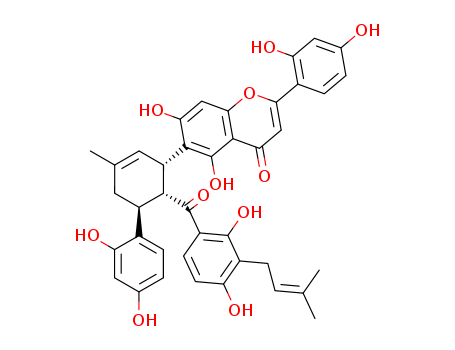 Molecular Structure of 144923-70-6 (4H-1-Benzopyran-4-one,6-[(1S,5S,6R)-6-[2,4-dihydroxy-3-(3-methyl-2-buten-1-yl)benzoyl]-5-(2,4-dihydroxyphenyl)-3-methyl-2-cyclohexen-1-yl]-2-(2,4-dihydroxyphenyl)-5,7-dihydroxy-)
