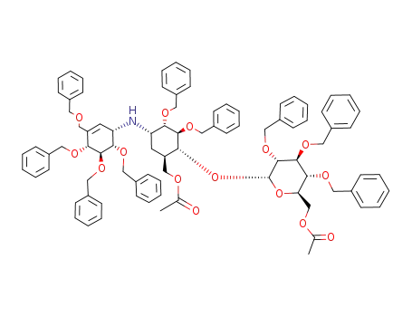 Molecular Structure of 121401-75-0 (Acetic acid (1R,2R,3S,4S,5S)-2-((2S,3R,4S,5R,6R)-6-acetoxymethyl-3,4,5-tris-benzyloxy-tetrahydro-pyran-2-yloxy)-3,4-bis-benzyloxy-5-((1S,4R,5S,6S)-4,5,6-tris-benzyloxy-3-benzyloxymethyl-cyclohex-2-enylamino)-cyclohexylmethyl ester)