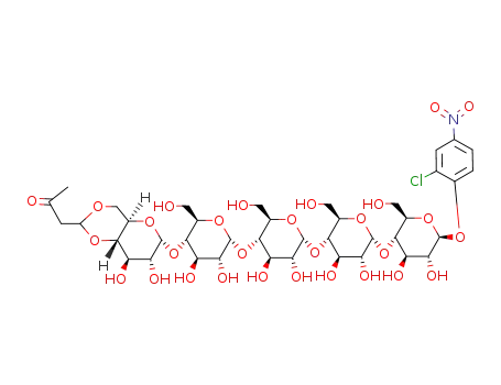 Molecular Structure of 136345-76-1 (2-Chloro-4-nitrophenyl O-4,6-O-(3-oxobutylidene)-alpha-D-glucopyranosy l-(1-4)-O-alpha-D-glucopyranosyl-(1-4)-O-alpha-D-glucopyranosyl-(1-4)- O-alpha-D-glucopyranosyl-(1-4)-beta-D-glucopyranoside)