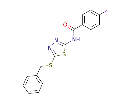Molecular Structure of 55217-82-8 (<i>N</i>-(5-benzylsulfanyl-[1,3,4]thiadiazol-2-yl)-4-iodo-benzamide)