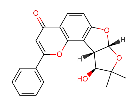 Molecular Structure of 102916-89-2 (4H,9H,10H-Furo[3',2':4,5]furo[2,3-h]-1-benzopyran-4-one,7a,10a-dihydro-10-hydroxy-9,9-dimethyl-2-phenyl-, (7aS,10S,10aR)-)