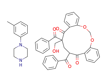 Molecular Structure of 117609-10-6 (12,14-Dibenzoyl-14-hydroxymethyl-2,4-dioxa-tricyclo[14.4.0.0<sup>5,10</sup>]icosa-1<sup>(20)</sup>,5<sup>(10)</sup>,6,8,16,18-hexaene-11,15-dione; compound with 1-m-tolyl-piperazine)