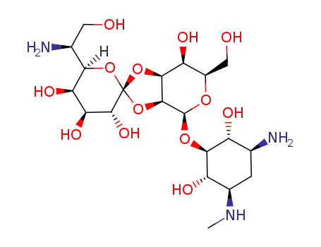 Molecular Structure of 83378-70-5 ((+)-5-O-[2-O,3-O-[6-Amino-1,6-dideoxy-L-glycero-D-galacto-heptopyranose-1-ylidene]-β-D-manno-hexopyranosyl]-N'-methyl-2-deoxy-D-streptamine)