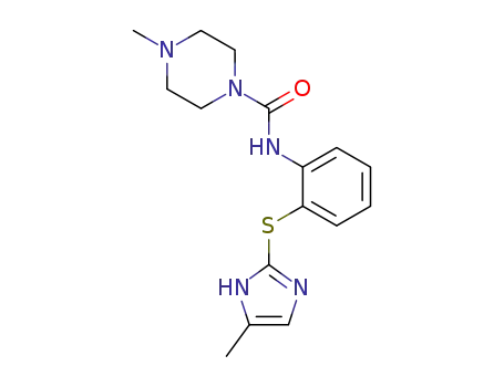 Molecular Structure of 81382-64-1 (1-Piperazinecarboxamide,
4-methyl-N-[2-[(4-methyl-1H-imidazol-2-yl)thio]phenyl]-)