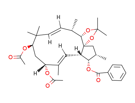 Molecular Structure of 90052-84-9 (Benzoic acid (7E,13E)-(1R,5S,6S,10R,12R,15S,16S,17S)-10,12-diacetoxy-3,3,6,9,9,13,17-heptamethyl-2,4-dioxa-tricyclo[13.3.0.0<sup>1,5</sup>]octadeca-7,13-dien-16-yl ester)