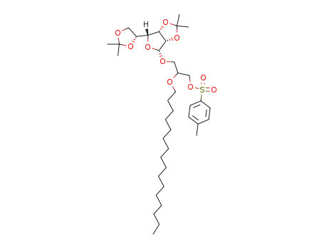 Molecular Structure of 181174-15-2 (Toluene-4-sulfonic acid 3-[(3aS,4R,6R,6aS)-6-((R)-2,2-dimethyl-[1,3]dioxolan-4-yl)-2,2-dimethyl-tetrahydro-furo[3,4-d][1,3]dioxol-4-yloxy]-2-hexadecyloxy-propyl ester)