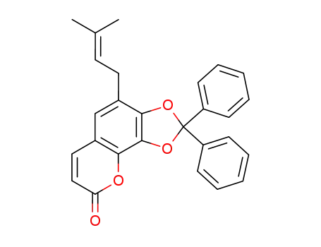 Molecular Structure of 159979-66-5 (4-(3-Methyl-but-2-enyl)-2,2-diphenyl-[1,3]dioxolo[4,5-h]chromen-8-one)