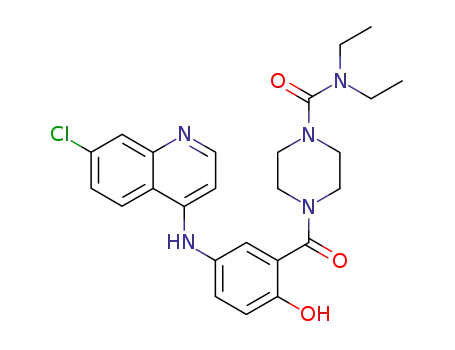 Molecular Structure of 114259-90-4 (1-Piperazinecarboxamide,
4-[5-[(7-chloro-4-quinolinyl)amino]-2-hydroxybenzoyl]-N,N-diethyl-)