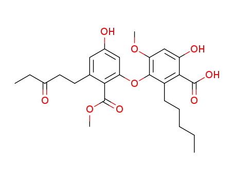Molecular Structure of 101910-68-3 (Benzoic acid,6-hydroxy-3-[5-hydroxy-2-(methoxycarbonyl)-3-(3-oxopentyl)phenoxy]-4-methoxy-2-pentyl-)