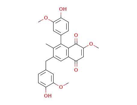 Molecular Structure of 114094-46-1 (1,4-Naphthalenedione,8-(4-hydroxy-3-methoxyphenyl)-6-[(4-hydroxy-3-methoxyphenyl)methyl]-2-methoxy-7-methyl-)