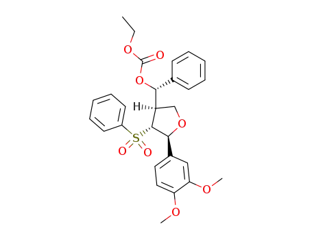 Molecular Structure of 131575-95-6 ((2S,3S,4R,αS)-2-(3,4-dimethoxyphenyl)-3-phenylsulphonyl-4-(α-ethoxycarbonyloxybenzyl)tetrahydrofuran)