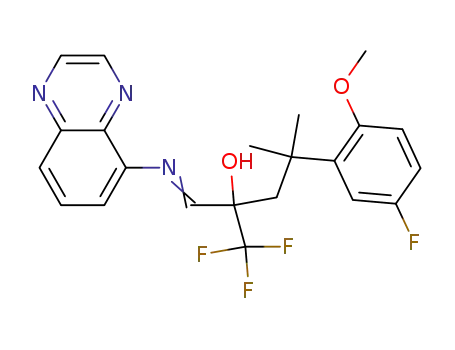Molecular Structure of 825654-48-6 (1-(quinoxalin-5-ylimino)-4-(5-fluoro-2-methoxyphenyl)-4-methyl-2-(trifluoromethyl)-pentan-2-ol)
