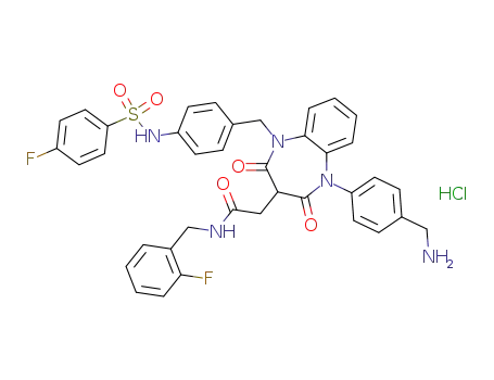 Molecular Structure of 264915-44-8 (N-(2-fluorobenzyl)-1-(4-aminomethylphenyl)-5-[4-(4-fluorobenzenesulfonylamino)benzyl]-2,4-dioxo-2,3,4,5-tetrahydro-1H-1,5-benzodiazepine-3-acetamide hydrochloride)