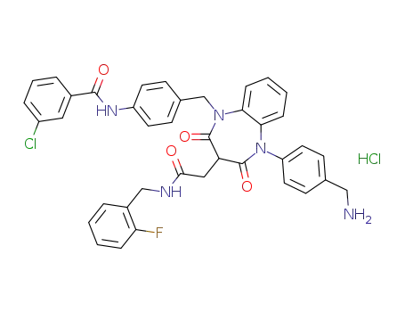 Molecular Structure of 264915-41-5 (N-(2-fluorobenzyl)-1-(4-aminomethylphenyl)-5-[4-(3-chlorobenzoylamino)benzyl]-2,4-dioxo-2,3,4,5-tetrahydro-1H-1,5-benzodiazepine-3-acetamide hydrochloride)