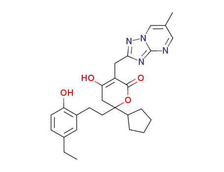 Molecular Structure of 749930-20-9 (2H-Pyran-2-one,
6-cyclopentyl-6-[2-(5-ethyl-2-hydroxyphenyl)ethyl]-5,6-dihydro-4-hydroxy-
3-[(6-methyl[1,2,4]triazolo[1,5-a]pyrimidin-2-yl)methyl]-)