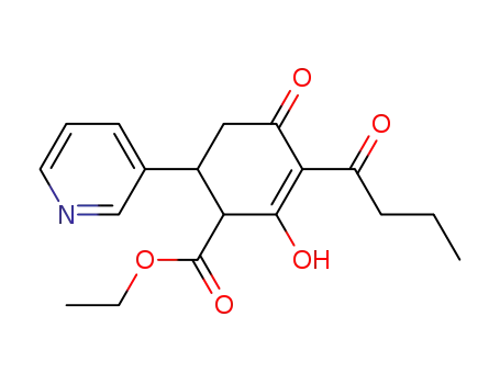 Molecular Structure of 91592-22-2 (2-Cyclohexene-1-carboxylic acid,
2-hydroxy-4-oxo-3-(1-oxobutyl)-6-(3-pyridinyl)-, ethyl ester)