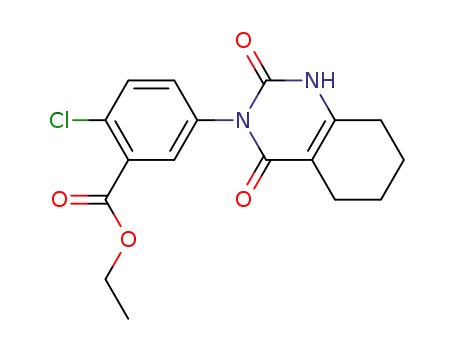 Molecular Structure of 105756-07-8 (Benzoic acid,
2-chloro-5-(1,4,5,6,7,8-hexahydro-2,4-dioxo-3(2H)-quinazolinyl)-, ethyl
ester)