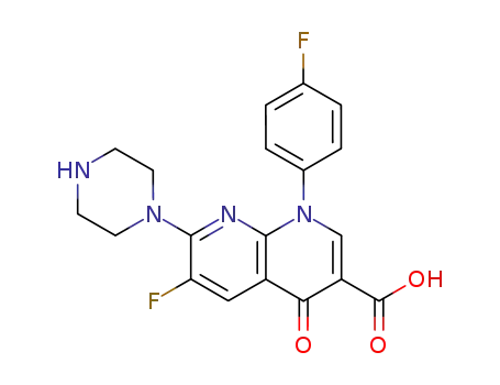 Molecular Structure of 100490-21-9 (1,8-Naphthyridine-3-carboxylic acid, 6-fluoro-1-(4-fluorophenyl)-1,4-dihydro-4-oxo-7-(1-piperazinyl)-)