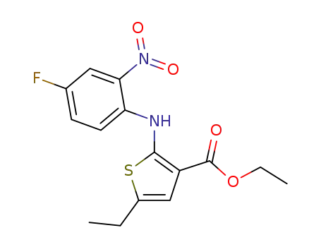 Molecular Structure of 61324-78-5 (3-Thiophenecarboxylic acid, 5-ethyl-2-[(4-fluoro-2-nitrophenyl)amino]-,
ethyl ester)