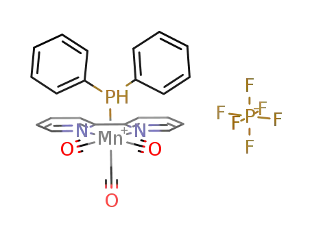 (Mn(CO)3(N<sub>2</sub>C<sub>10</sub>H<sub>8</sub>)(PH(C<sub>6</sub>H<sub>5</sub>)2))<sup>(1+)</sup>*PF<sub>6</sub><sup>(1-)</sup>=(Mn(CO)3(N<sub>2</sub>C<sub>10</sub>H<sub>8</sub>)(PH(C<sub>6</sub>H<sub>5</sub>)2))PF<sub>6</sub>