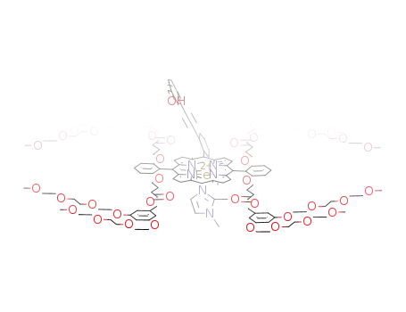 Molecular Structure of 849726-42-7 ((tetrakis(3,5-bis[2-[2-(2-methoxyethoxy)ethoxy]ethoxy]benzyl) 4,4',4'', 4'''-[[10-(2-[[3-(hydroxymethyl)phenyl]ethynyl]phenyl)porphyrin-5,15-diyl]bis[benzene-2,1,3-triylbis(oxy)]]tetrabutanoate<sup>(2-)</sup>)(1,2-dimethyl-1H-imidazole)iron(II))