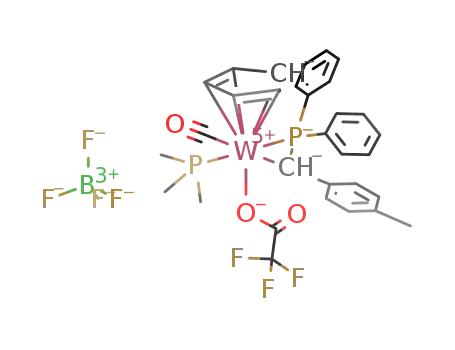 (C<sub>5</sub>H<sub>5</sub>)W(CO)(P(CH<sub>3</sub>)3)(CF<sub>3</sub>COO)(CH(C<sub>6</sub>H<sub>4</sub>CH<sub>3</sub>)P(C<sub>6</sub>H<sub>5</sub>)2)<sup>(1+)</sup>*BF<sub>4</sub><sup>(1-)</sup>=[(C<sub>5</sub>H<sub>5</sub>)W(CO)(P(CH<sub>3</sub>)3)(CF<sub>3</sub>COO)(CH(C<sub>6</sub>H<sub>4</sub>CH<sub>3</sub>)P(C<sub>6</sub>H<sub>5</sub>)2)]BF<sub>4</sub>
