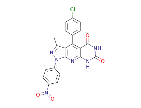 Molecular Structure of 1172134-99-4 (4-(4-chlorophenyl)-3-methyl-1-(4-nitrophenyl)-1H-pyrazolo[4',3':5,6]pyrido[2,3-d]pyrimidine-5,7(6H,8H)-dione)