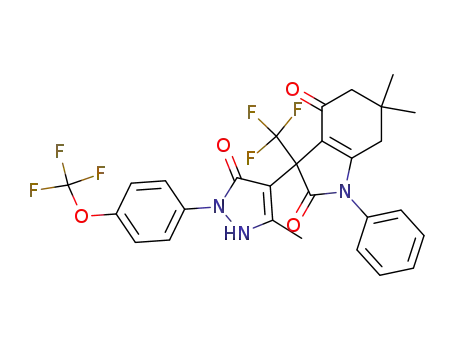 Molecular Structure of 1067647-43-1 (1H-Indole-2,4-dione, 3-[2,5-dihydro-3-methyl-5-oxo-1-[4-(trifluoromethoxy)phenyl]-1H-pyrazol-4-yl]-3,5,6,7-tetrahydro-6,6-dimethyl-1-phenyl-3-(trifluoromethyl)-)