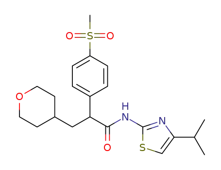 Molecular Structure of 1218791-50-4 (N-(4-isopropylthiazol-2-yl)-2-(4-(methylsulfonyl)phenyl)-3-(tetrahydro-2H-pyran-4-yl)-propanamide)