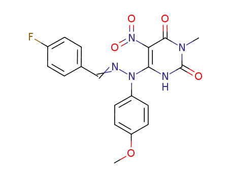Molecular Structure of 1207462-47-2 (6-[2-(4-fluorobenzylidene)-1-(4-methoxyphenyl)hydrazinyl]-3-methyl-5-nitropyrimidine-2,4(1H,3H)-dione)