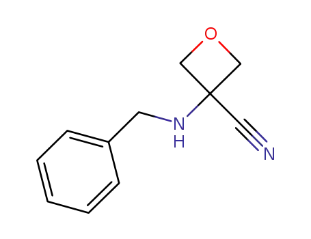 Molecular Structure of 138650-20-1 (3-[(Phenylmethyl)amino]-3-oxetanecarbonitrile)