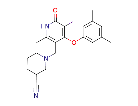 Molecular Structure of 1185189-58-5 (5-(3-cyanopiperidin-1-ylmethyl)-4-(3,5-dimethylphenoxy)-3-iodo-6-methylpyridin-2(1H)-one)