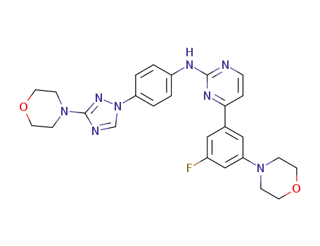 Molecular Structure of 1128096-64-9 (2-Pyrimidinamine, 4-[3-fluoro-5-(4-morpholinyl)phenyl]-N-[4-[3-(4-morpholinyl)-1H-1,2,4-triazol-1-yl]phenyl]-)