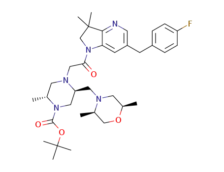 Molecular Structure of 1605317-40-5 ((2R,5S)-5-((2R,5R)-2,5-dimethyl-morpholin-4-ylmethyl)-4-{2-[6-(4-fluoro-benzyl)-3,3-dimethyl-2,3-dihydro-pyrrolo[3,2-b]pyridin-1-yl]-2-oxo-ethyl}-2-methyl-piperazine-1-carboxylic acid tert-butyl ester)