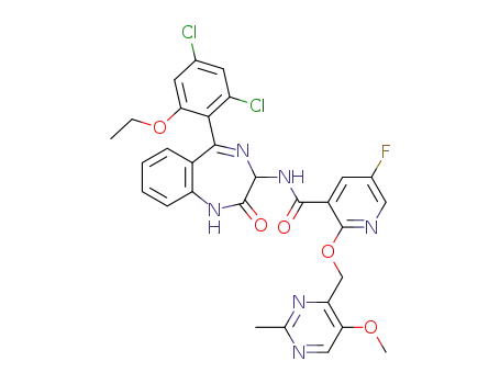 N-(5-(2,4-dichloro-6-ethoxyphenyl)-2-oxo-2,3-dihydro-1H-benzo[e][1,4]diazepin-3-yl)-5-fluoro-2-((5-methoxy-2-methylpyrimidin-4-yl)methoxy)nicotinamide