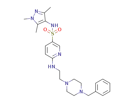 Molecular Structure of 1215010-99-3 (6-((2-(4-benzylpiperazin-1-yl)ethyl)amino)-N-(1,3,5-trimethyl-1H-pyrazol-4-yl)pyridine-3-sulfonamide)