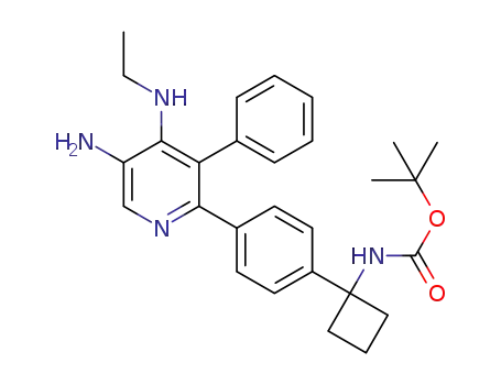 Molecular Structure of 1357159-17-1 (tert-butyl 1-(4-(5-amino-4-(ethylamino)-3-phenylpyridin-2-yl)phenyl)cyclobutylcarbamate)