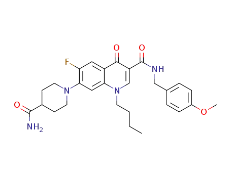 Molecular Structure of 1365252-62-5 (1-butyl-7-(4-carbamoylpiperidin-1-yl)-6-fluoro-N-(4-methoxybenzyl)-4-oxo-1,4-1,4-dihydroquinoline-3-carboxamide)