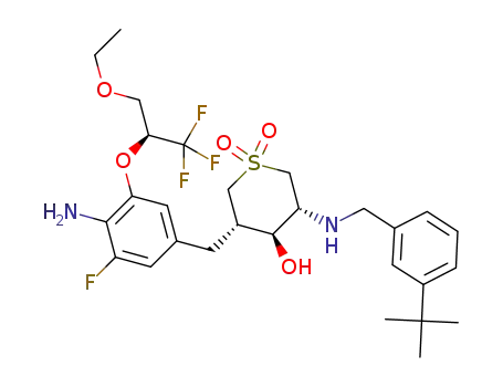 Molecular Structure of 1204343-19-0 ((3S,4S,5R)-3-(4-amino-3-(((S)-3-ethoxy-1,1,1-trifluoropropan-2-yl)oxy)-5-fluorobenzyl)-5-((3-(tert-butyl)benzyl)amino)-4-hydroxytetrahydro-2H-thiopyran 1,1-dioxide)