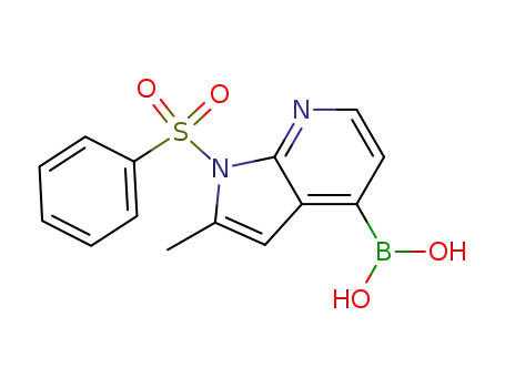Molecular Structure of 1089669-74-8 (Boronic acid, B-[2-Methyl-1-(phenylsulfonyl)-1H-pyrrolo[2,3-b]pyridin-4-yl]-)