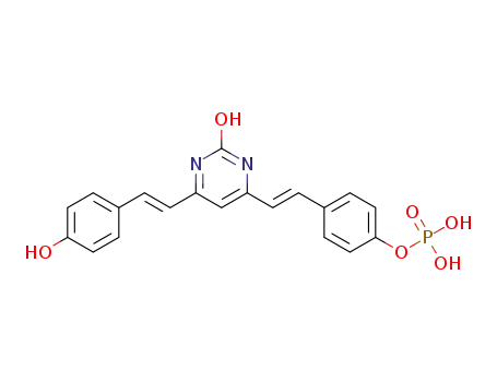 Molecular Structure of 1387559-46-7 (4-((E)-2-(2-hydroxy-6-((E)-4-hydroxystyryl)pyrimidin-4-yl)vinyl)phenyl dihydrogen phosphate)
