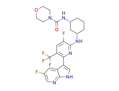 Molecular Structure of 1383375-84-5 (N-((1R,3S)-3-((3-fluoro-6-(5-fluoro-1H-pyrrolo[2,3-b]pyridin-3-yl)-5-(trifluoromethyl)pyridin-2-yl)amino)cyclohexyl)morpholine-4-carboxamide)
