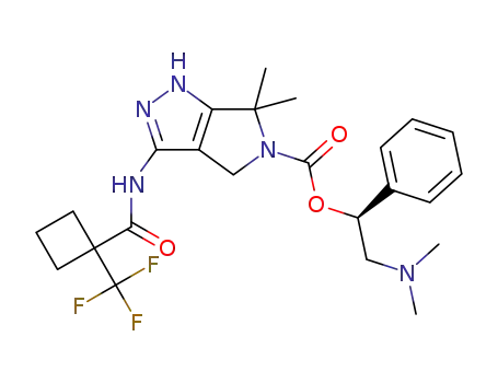 Molecular Structure of 1375799-72-6 ((S)-2-(dimethylamino)-1-phenylethyl 6,6-dimethyl-3-(1-(trifluoromethyl)cyclobutanecarboxamido)-4,6 dihydropyrrolo[3,4-c]pyrazole-5(1H)-carboxylate)