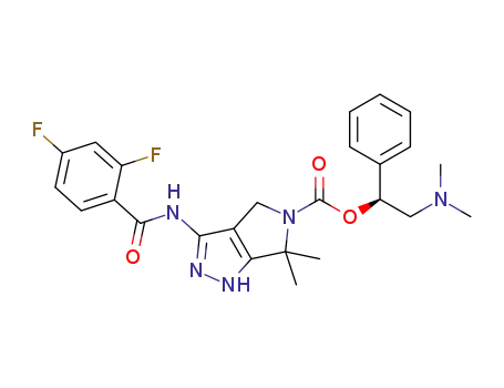 Molecular Structure of 1041012-29-6 ((S)-2-(dimethylamino)-1-phenylethyl 3-(2,4-difluorobenzamido)-6,6-dimethyl-4,6-dihydropyrrolo[3,4-c]pyrazole-5(1H)-carboxylate)