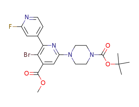 Molecular Structure of 1201675-37-7 (3-bromo-6-(4-tert-butoxycarbonyl-piperazin-1-yl)-2'-fluoro-[2,4']bipyridinyl-4-carboxylic acid methyl ester)