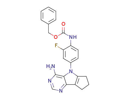 Molecular Structure of 1402558-98-8 (benzyl N-[4-(4-amino-7,8-dihydro-6H-cyclopenta[2,3]pyrrolo[2,4-d]pyrimidin-5-yl)-2-fluorophenyl]carbamate)
