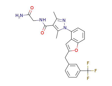 Molecular Structure of 1313197-53-3 (N-(2-amino-2-oxoethyl)-3,5-dimethyl-1-[2-[3-(trifluoromethyl)benzyl]-1-benzofuran-4-yl]-1H-pyrazole-4-carboxamide)