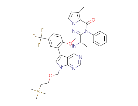 Molecular Structure of 1605329-16-5 ((S)-2-(1-((5-(2-methoxy-5-(trifluoromethyl)phenyl)-7-((2-(trimethylsilyl)ethoxy)methyl)-7H-pyrrolo[2,3-d]pyrimidin-4-yl)amino)ethyl)-5-methyl-3-phenylpyrrolo[2,1-f][1,2,4]triazin-4(3H)-one)