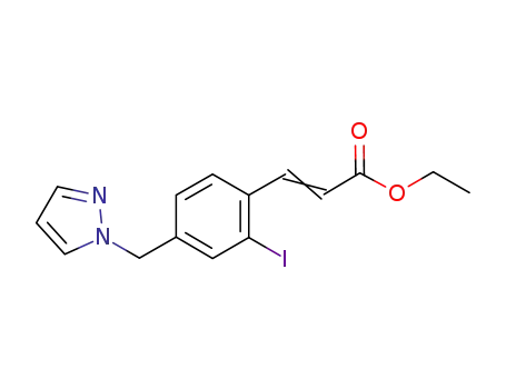 Molecular Structure of 499158-00-8 (2-Propenoic acid, 3-[2-iodo-4-(1H-pyrazol-1-ylmethyl)phenyl]-, ethyl
ester)