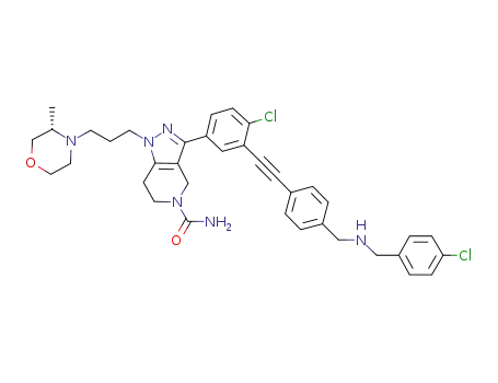 Molecular Structure of 1049813-33-3 (3-(4-chloro-3-((4-((((4-chlorophenyl)methyl)amino)methyl)phenyl)ethynyl)phenyl)-1-(3-((3S)-3-methylmorpholin-4-yl)propyl)-1,4,6,7-tetrahydro-5H-pyrazolo[4,3-c]pyridine-5-carboxamide)